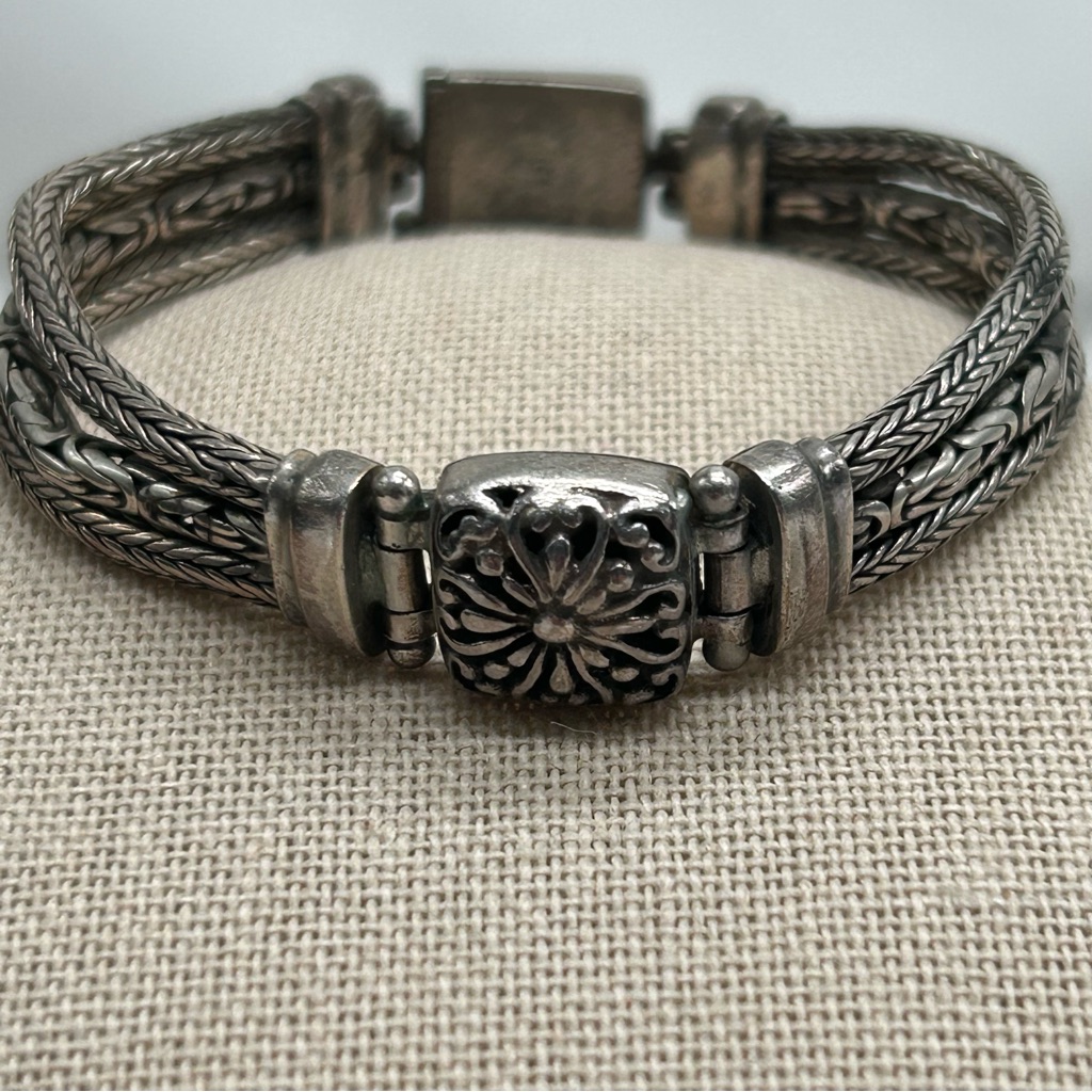 Vtg Sarda 925 Sterling Silver Tribal Bali Style Double Wheat Chain Bracelet, 5in